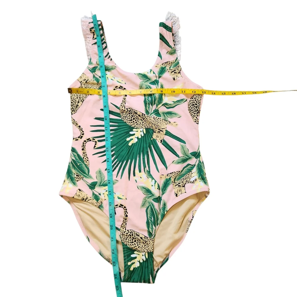 Shade Critters Kids Pink Tropical Leopard Print One-Piece Swimsuit Fringe 14